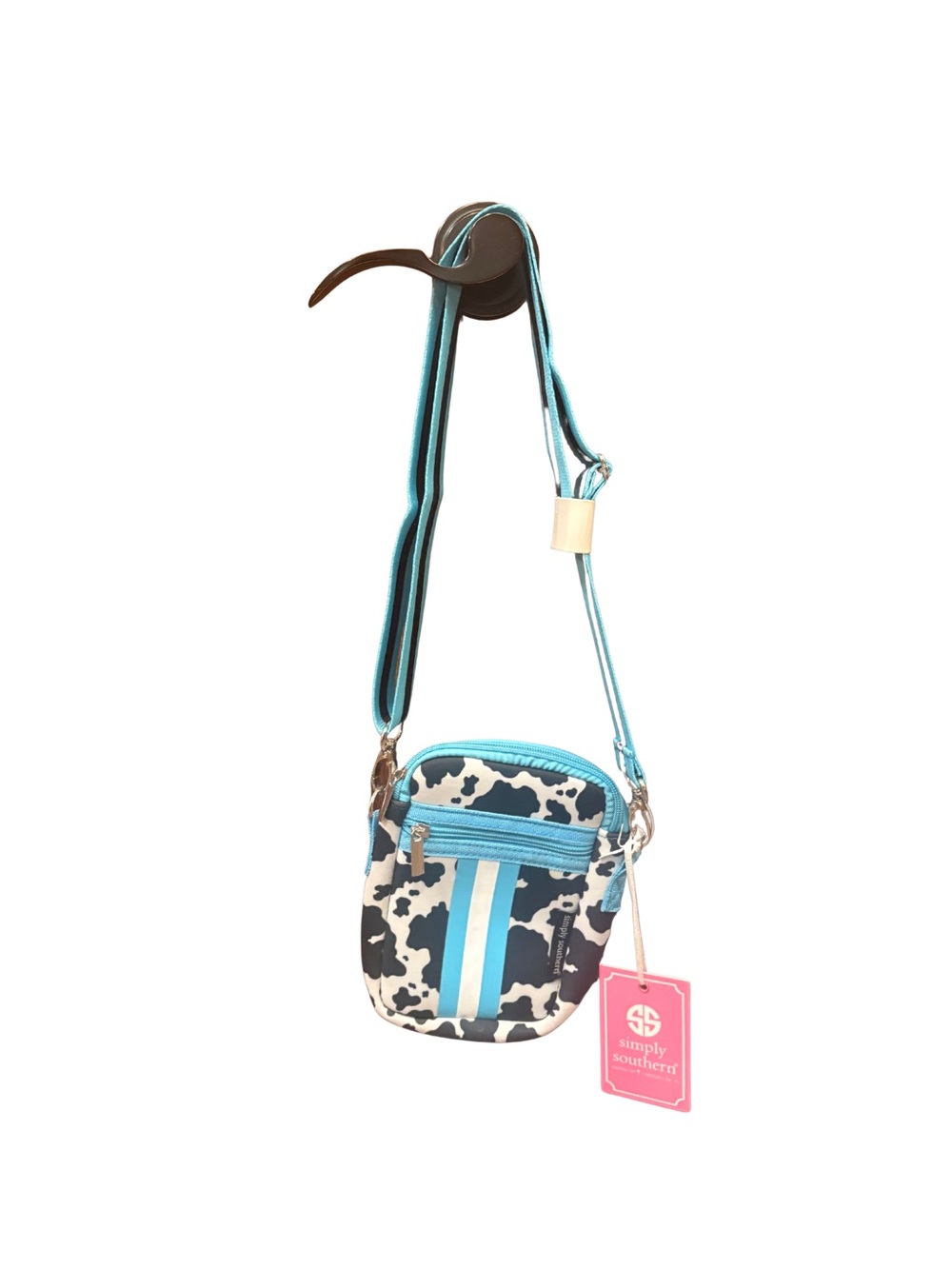 Simply Southern $25 NWT Turquoise & Cow Print Mini Neoprene Crossbody Bag